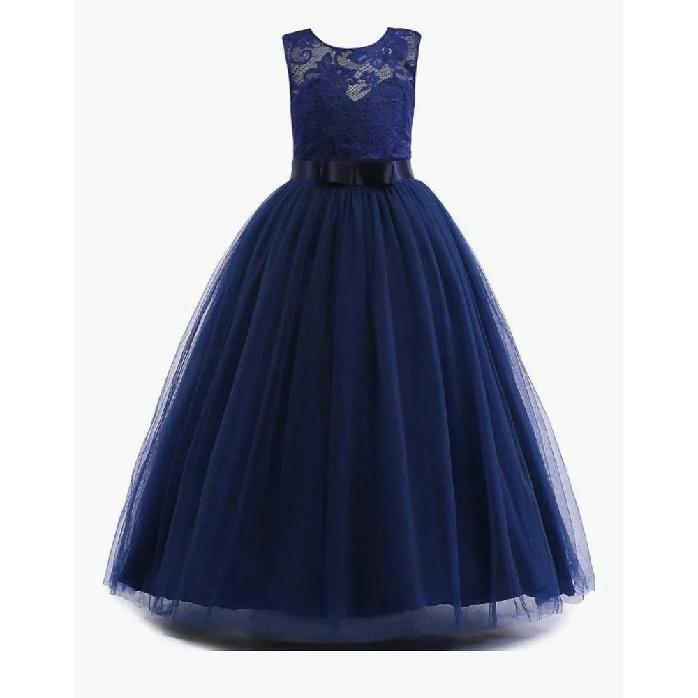 NEW Girls Navy Lace Dress A-Line Long Ball Gown Formal Party Size 8‎ - Picture 2 of 8